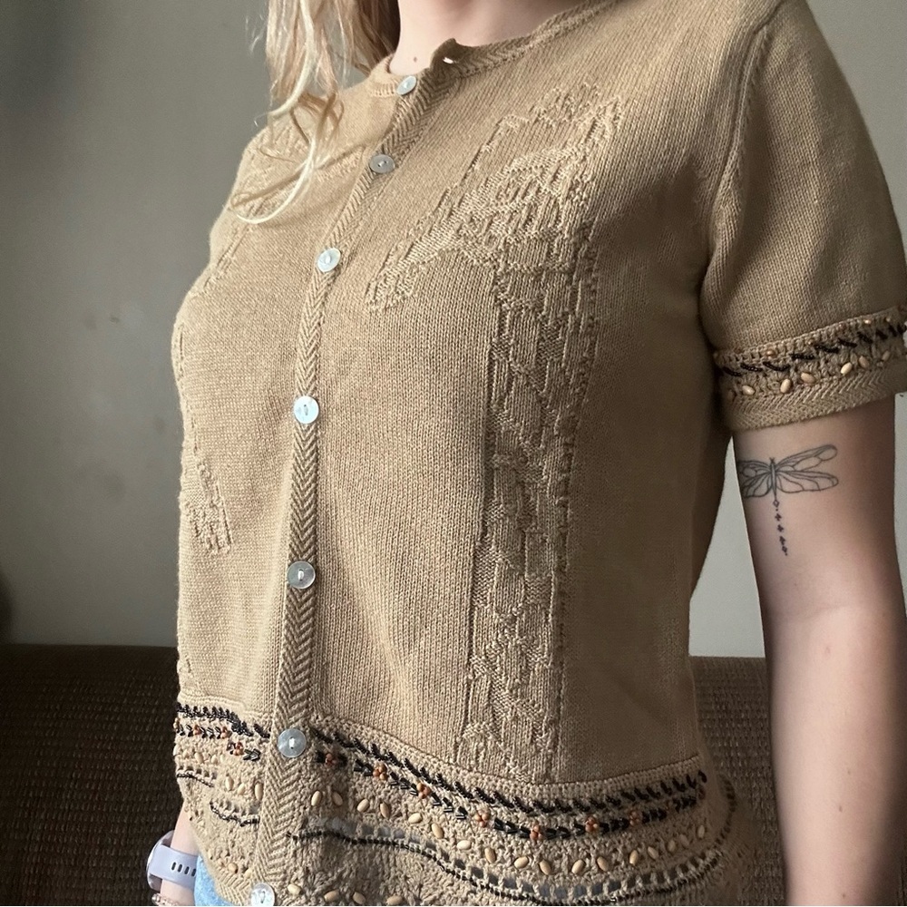 Vintage Alfred Dunner Giraffe Inspired Tan Sweater Beaded Retro Size P Small - Picture 8 of 9